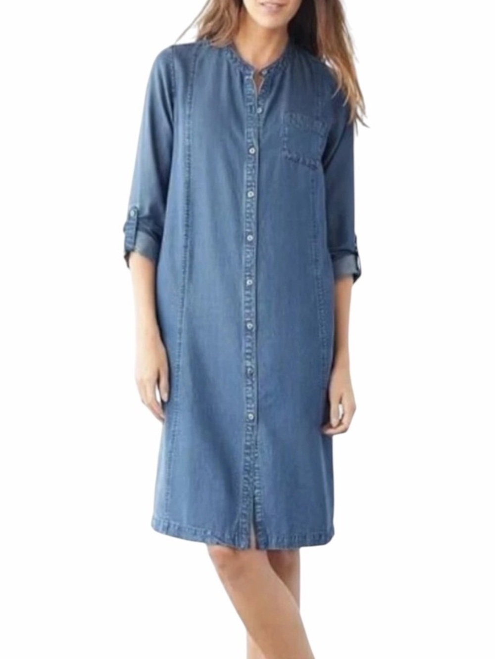J.Jill Denim 100% Lyocell Shirt Dress Small Blue Button Front Roll Tab Sleeves